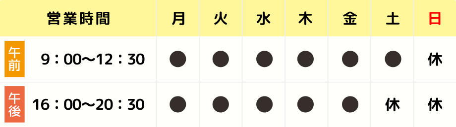 「診察時間」月～金 午前 9:00～12:30 午後 16:00～20:30 休診日：日曜日